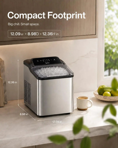 Top Rated Countertop Nugget Ice Maker With One Touch Deep Cleaning And Sleek Arctic Silver Trim Designed To Quickly Whip Up Soft Chewable Pebble Ice That Chills Your Daily Drinks Lightning Fast on a kitchen counter with dimensions.