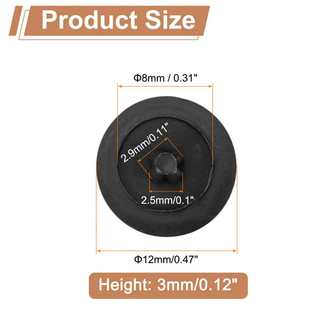 Top view of 108 Pieces Plastic Screw Cap Covers For 7 To 8mm Flat Phillips Screws 12mm Outer Diameter 8mm Inner Diameter 3mm Height Black Decorative Hole Plugs PP Material with measurements.