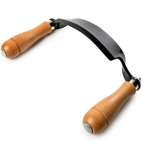 Pro Grade 10 Inch Curved Draw Knife Heavy Duty Woodworking Shaving Tool showing wooden ergonomic handles and sharp carbon steel blade.