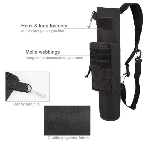 Lightweight Back Archery Quiver With Dual Use Foldable Hip Bag featuring MOLLE webbing, hook & loop fastener, and belt clip.