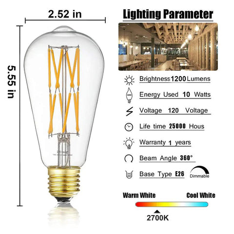 Old School Edison Style LED Bulb 10W Dimmable, 100W Equivalent, Clear Glass, Warm White 2700K, 1200Lm, E26 Base with lighting specs