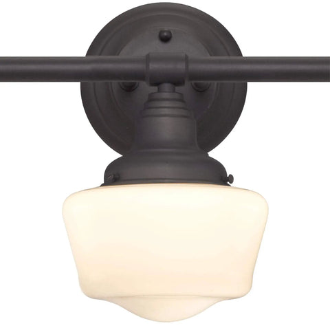 Close-up of one light from Three-Light Indoor Wall Sconce in Oil Rubbed Bronze With White Opal Glass, Vintage Industrial Vibe