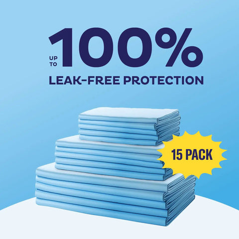 Ultra Absorbent Disposable Adult Underpads Variety Pack Featuring Quilted Top Sheet For Sure Fire Leak Defense And Zero Odor Worry Keep You Comfy And Protected Straight Up All Night Long stacked in a 15 pack for leak-free protection.