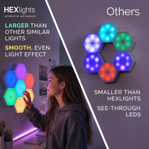 Girl touching Hexagon LED Sensory Lights For Teens 7 Pack With Touch Tap Control Remote Included Autism Friendly Wall Panels