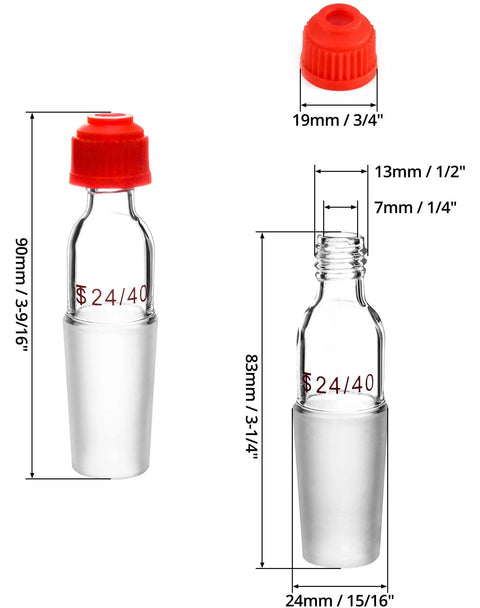 24 By 40 Standard Taper Inner Joint Thermometer Adapter Set Borosilicate Glass 2 Pack For Precise Vapor Temperature Readouts In Lab Glassware Classroom Friendly Pro Gear For Benchtop Setups, 24/40 size with red cap and dimensions