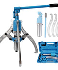 Heavy Duty Hydraulic Gear Puller Rig With Rock Solid Adjustable Jaws And High Strength Steel Frame For Easy Bearing Extraction And Hella Fast 50 Ton Garage Projects in blue with components.