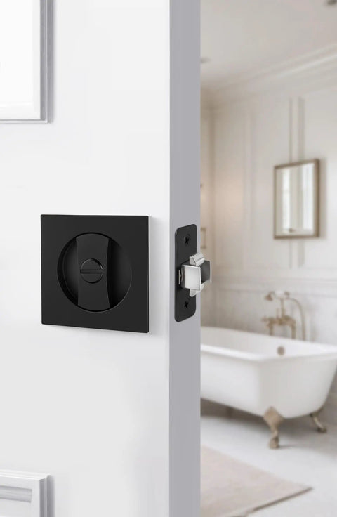 Matte Black Pocket Door Lock Set For Sliding Doors Square Pocket Door Hardware Kit installed on white bathroom door