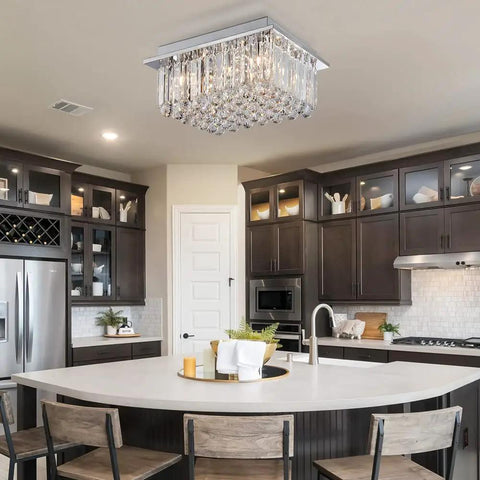 Raindrop Crystal Chandelier With Chrome Finish Modern Flush Mount Ceiling Light For Living Room Eight G9 Sockets