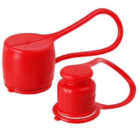 Two red rubber dust caps for 1/2-inch flat-face hydraulic quick-connect couplers with tether