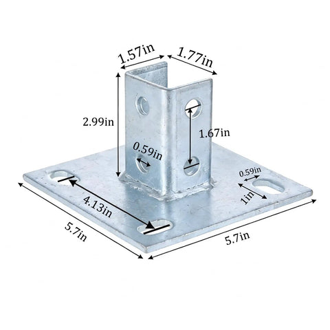 8 Pack 1 5/8 Inch Square Strut Channel Post Bases With U Shaped Floor Mount, Four Slotted Holes, 5.7 By 5.7 Inch Flat Plate