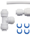 White plastic RO water system push-fit T-fitting with barbed ends, plus white tubing and four blue U-shaped hose clips