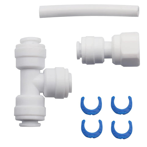 White plastic RO water system push-fit T-fitting with barbed ends, plus white tubing and four blue U-shaped hose clips