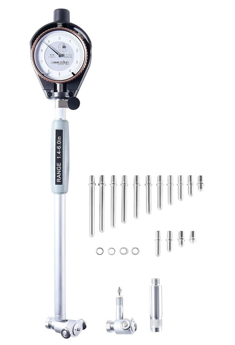 Accusize dial bore gauge set with 1.4-6 in range and 0.0001 in graduation; includes silver rods and black dial head