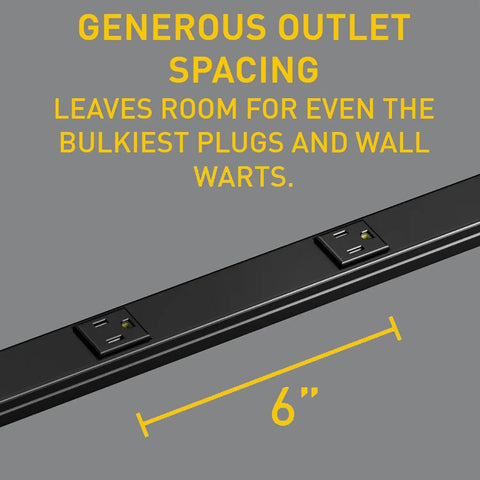 Black 3 Foot Hardwired Power Strip With 6 Tamper Resistant Outlets 2000 Series Plugmold built-in shutter, 6-inch outlet spacing