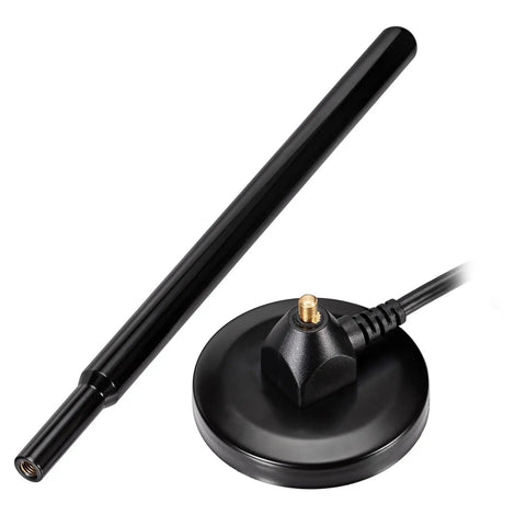Amp Up Your Signal Fast With This Beefy 4G LTE Cellular Antenna Featuring A Heavy Duty Magnetic Mount Pure Copper Core And Serious Wide Band Gain For Trucks Routers And Dash Cams, black antenna with magnetic base.