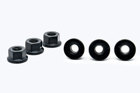 Six Piece Steel Flanged Nut Set Three Eighths Sixteen Threads Black Oxide Finish Heat Treated For Heavy Duty Automotive And Machinery Projects Great For Auto Repair Installation And Heavy Equipment Builds. six black flanged nuts, 3/8-16, heat-treated steel