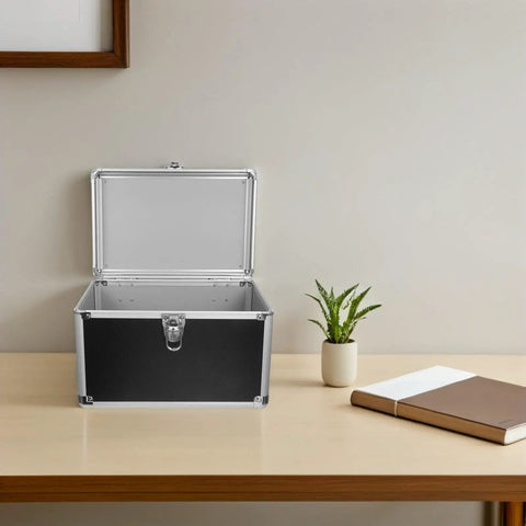 Open Portable Aluminum Tool Box With Ergonomic Handle And Enhanced Security Lock Heavy Duty Handheld Metal Storage Case on table