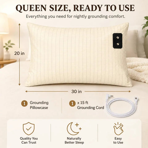 Grounding Pillowcase Queen With Conductive Silver Fiber And Organic Cotton For Faster Deeper Sleep Pain Relief Boosted Energy And Grounding Benefits 15ft Cord 20x30 Inch 1 Piece displayed on bed
