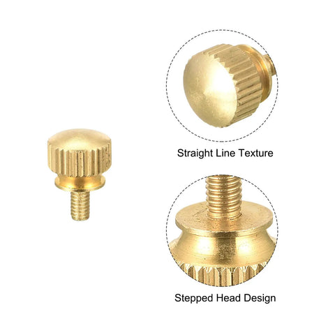 M3x6mm Brass Knurled Thumb Screws showing stepped head design and straight line texture for heavy duty electronic fasteners.