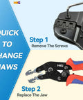 Ratcheting Crimping Tool Set 12 Piece With Wire Stripper And Changeable Jaws showing step-by-step jaw replacement instructions.