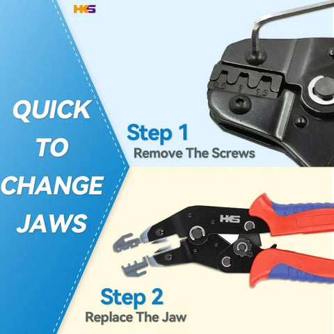 Ratcheting Crimping Tool Set 12 Piece With Wire Stripper And Changeable Jaws showing step-by-step jaw replacement instructions.