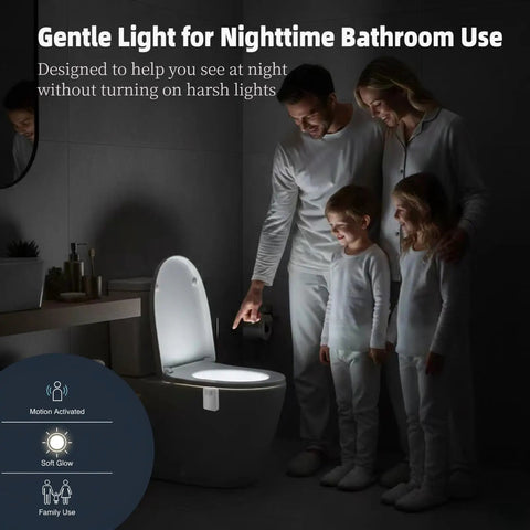 Family using Toilet Bowl Night Light With Motion Sensor And 16 Color Changing LEDs in bathroom, soft glow visible