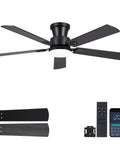 52 Inch Low Profile Ceiling Fan In Matte Black with remote, reversible blades, and dimmable LED light, suitable for quiet rooms.