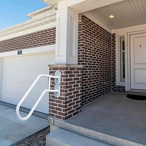 Rock Solid Wall Mount Stair Railing For One To Three Steps With Heavy Duty Grip And All Weather Build, white steel railing at home entry.