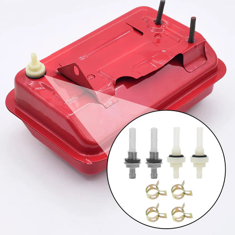 Gas Fuel Tank Joint Outlet Filter And Fuel Line Screen Kit For Predator 212 Small Engine And GX160 GX390 Clones Coleman Baja CT200U BT200X showing red fuel tank and filter components.