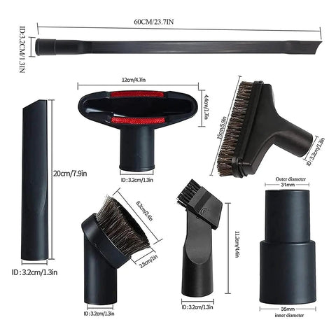 Universal Vacuum Attachment Kit 1 1/4 Inch And 1 3/8 Inch With 8 Piece Brush Set And Adapters For 32mm To 35mm Vac Ports overview
