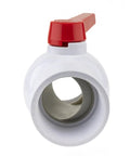 Front view of a PVC Shut Off Ball Valve 3 Inch, 150 Psi, Schedule 40, with threaded ends, red handle, corrosion-resistant.
