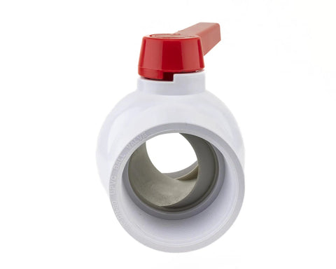 Front view of a PVC Shut Off Ball Valve 3 Inch, 150 Psi, Schedule 40, with threaded ends, red handle, corrosion-resistant.