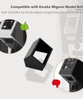 No Sweat Coffee Grinder Chute And Spout Funnel Duo for Eureka Mignon model with black plastic design, showing snap-on feature.