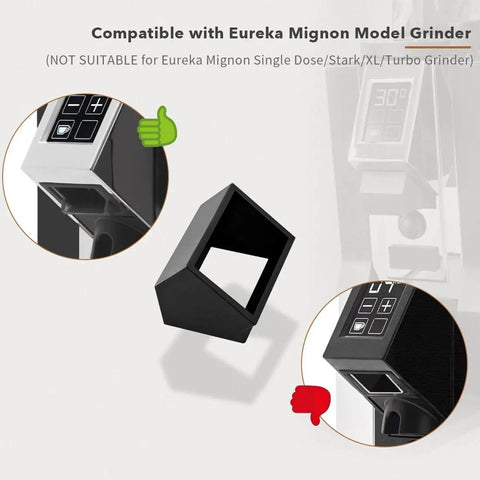 No Sweat Coffee Grinder Chute And Spout Funnel Duo for Eureka Mignon model with black plastic design, showing snap-on feature.