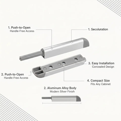 Push To Open Cabinet Latch Handle Free Rebounder For Kitchen And Wardrobe Doors Aluminum Alloy Silver Finish 1 Pack close-up