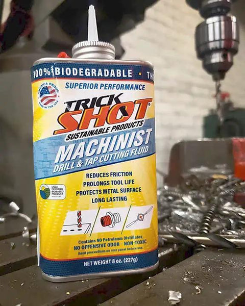 Machinist Drill And Tap Cutting Fluid With A Bio Based Formula That Slashes Friction And Extends Tool Life On Steel Aluminum Copper And More Made In The USA NSF H1 Food Grade Safe For Metalworking Tools 8 Oz. bottle in workshop setting