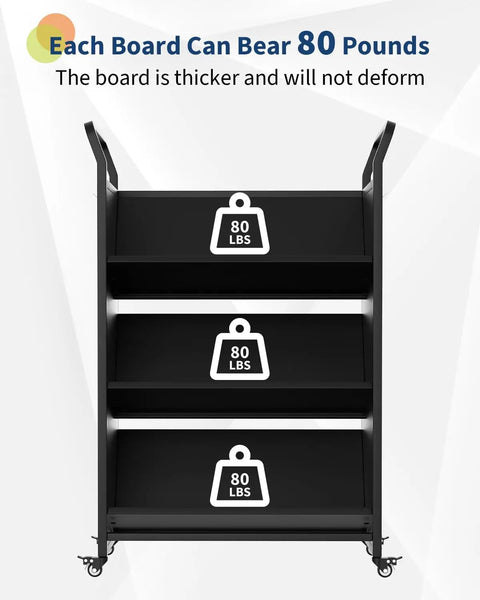 V Shaped Metal Rolling Book Cart With Three Tier Shelves, Side Hooks, Lockable Wheels, displays 80 lbs capacity per shelf, black