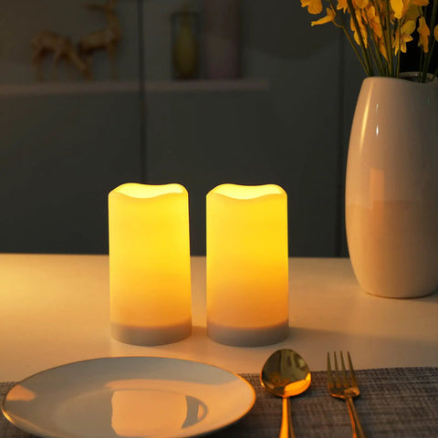 Solar Flameless Candles Outdoor Waterproof Led Lantern Lights Dusk To Dawn Flicker Reusable 3D Wick Candles set on table