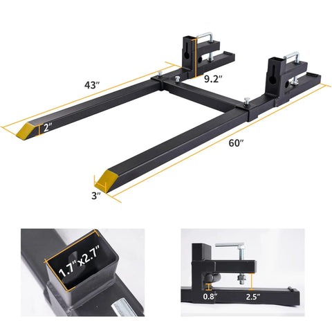 60 Inch Clamp On Pallet Forks For Tractors And Skid Steers, Heavy Duty Fork Attachments With Adjustable Stabilizer Bar, 4000 Lb Capacity, Easy Clamp On Loader Bucket Forks For Farm, Ranch, And Construction Use