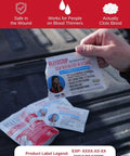 Front view of BleedStop Nosebleed Strips package held in hand; white packaging with red logo and blue text.