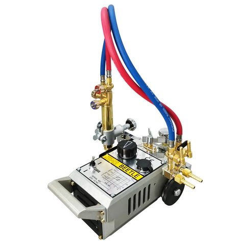 Shop Ready Heavy Duty Dual Track Gas Flame Cutter With Two Six Foot Guide Rails, close-up view showing connectors and control panel.