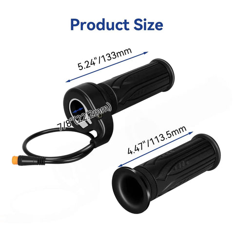 Universal 3 Pin Ebike Throttle Full Twist Grip Kit with dimensions for 7/8" handlebars, plug-and-play design, 12V-72V