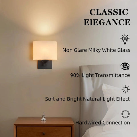 Modern Black Milk Glass Wall Sconces, 1 Pack Hardwired Wall Light Fixtures mounted beside a bed with soft light effect.