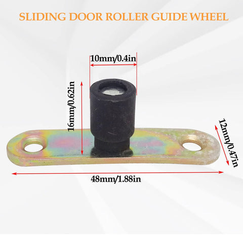 Four Piece Sliding Door Roller Guide Wheel With Ball Bearings For Barn Doors Floor Flush Mount Stay Roller With Screws 10mm Wheel Diameter Galvanized Metal For Quiet Smooth Sliding And Low Maintenance, showing a 10mm wheel on a 48x12mm metal guide body