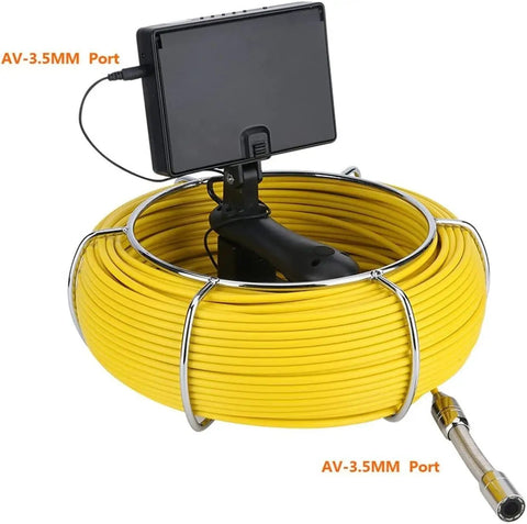 Pro Grade Sewer Inspection Camera Borescope With 4.3 Inch Monitor And 20 Meter Cable wrapped in a heavy-duty yellow cable.