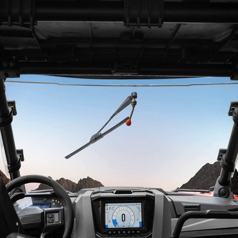 Heavy Duty Manual UTV Windshield Wiper Kit with 16-inch blade visible in off-road vehicle, designed for tempered glass use.