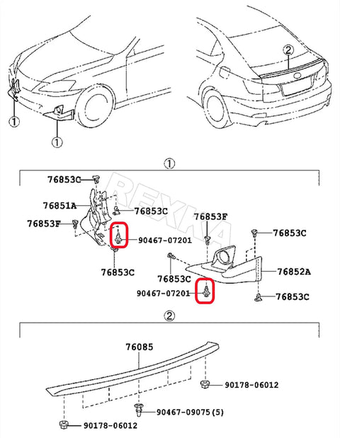 Diagram showing 20 Pack Push In Engine Splash Shield Fender Liner Trunk Lid Trim Retainer Clips 90467-07201 for Toyota and Lexus models.