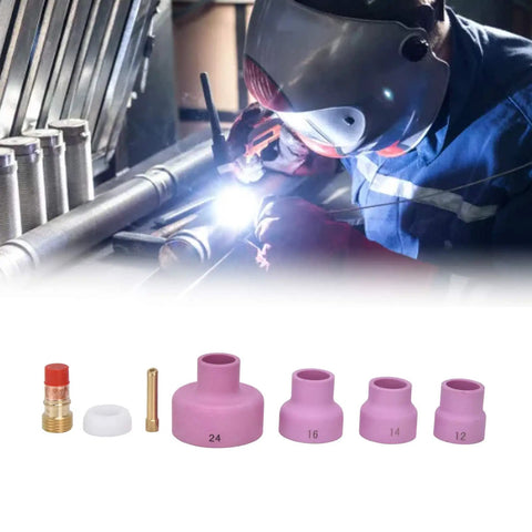 7 Piece Welding Accessory Kit With Ceramic Nozzles Collets Gas Lens Cups And Gaskets For WP17 WP18 WP26 Welding Guns shown in use