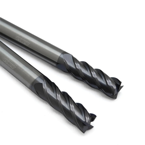 Two WEXWE carbide end mills with 1/4-in shanks; angled close-up of 4-flute square cutters.