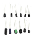 Assorted capacitors from 120 Piece Aluminum Electrolytic Capacitor Kit With 12 Common Values From 0.22uF To 470uF For DIY Electronics Projects